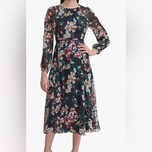 Tommy Hilfiger Dress Women’s 6 Black Floral Print Chiffon Sheer Long Sleeve Midi